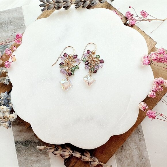 New Princess Cut Crystal Cluster Drop Earrings | Handmade in BC - Picture 1 of 3